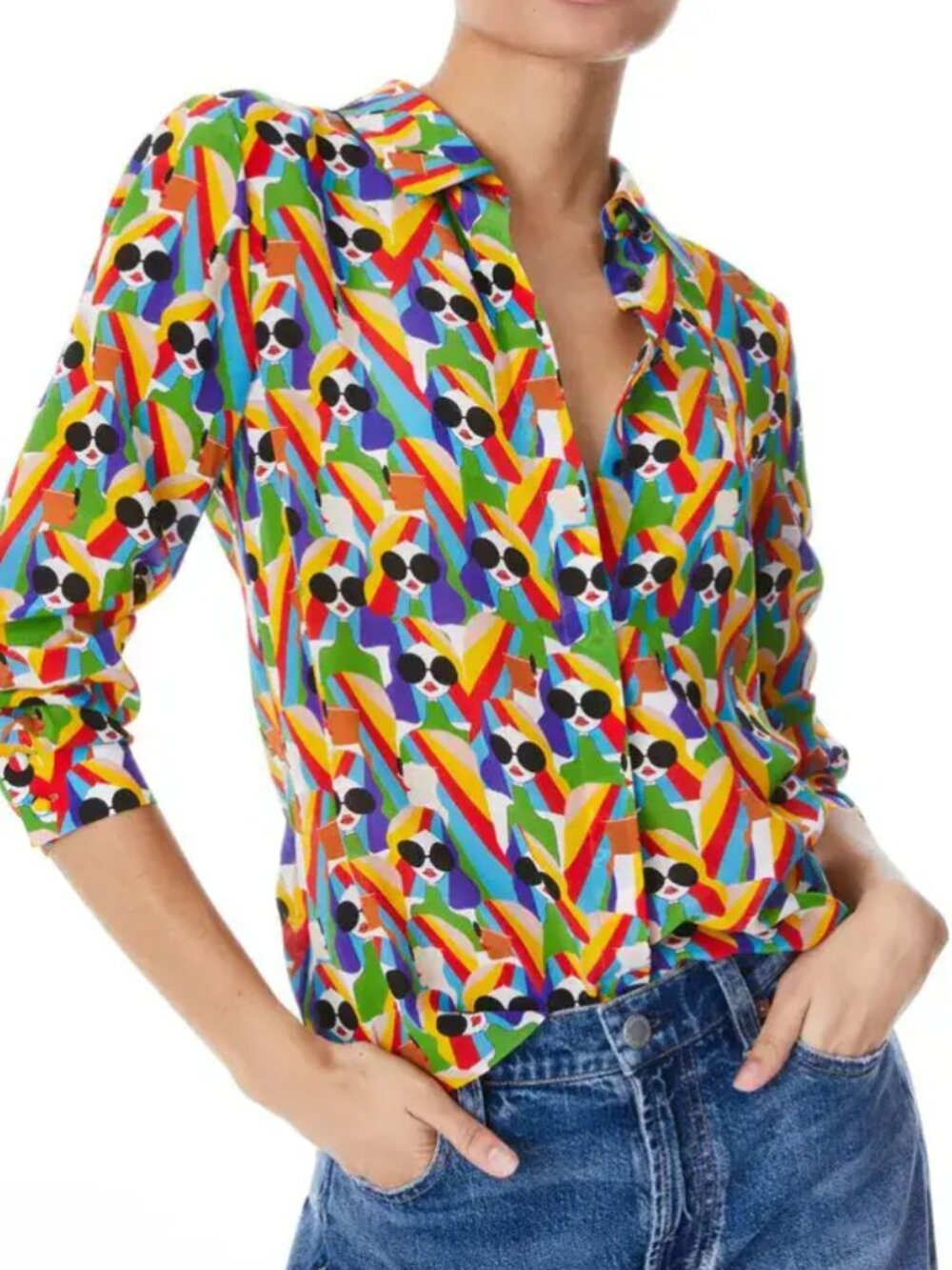 Alice Olivia Medium Willa Blouse Stace Face Geometric Print Long Sleeve Silk Top